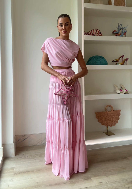 Round Neck Pleated Jacket Pink Patchwork Maxi Dress Two Piece Sets