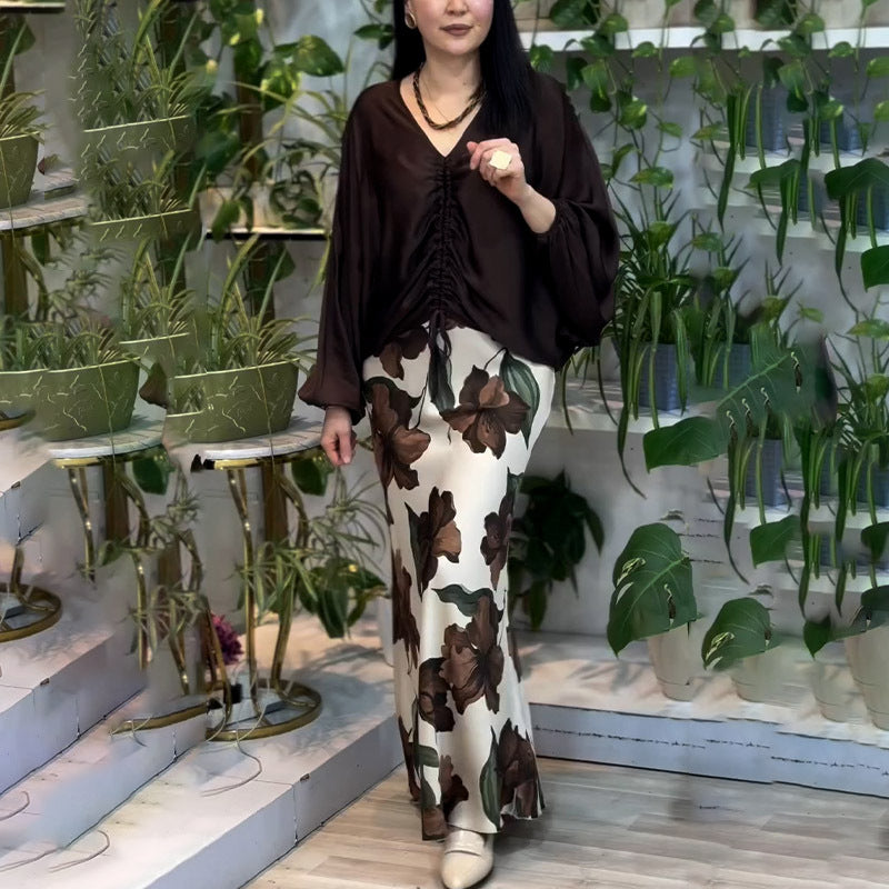 Elegant Sexy Print V-neck Top and Skirt Two Piece Set