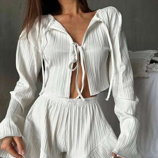 Summer Loose Casual Lace up Cardigan Top Shorts Home Two Piece Sets