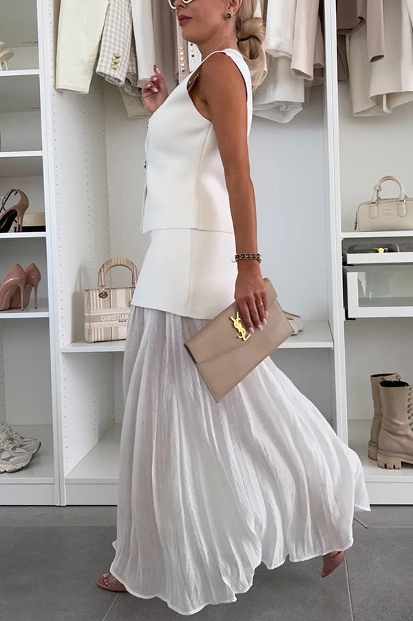 Sleeveless V-Neck Vest Set with Loose Tulle Skirt Set