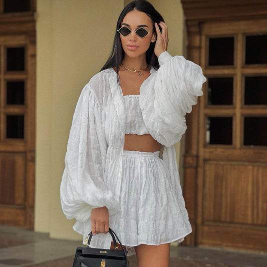 Long Sleeved White Loose Shirt with Tube Top and High Waist Three Piece Short Set
