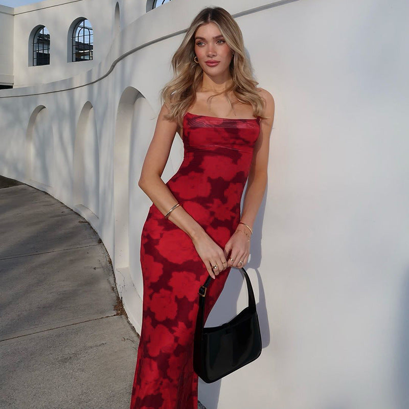 Printed Sexy Backless Stitching Thin Strap Sexy Arrival Sling Double Layer Dress