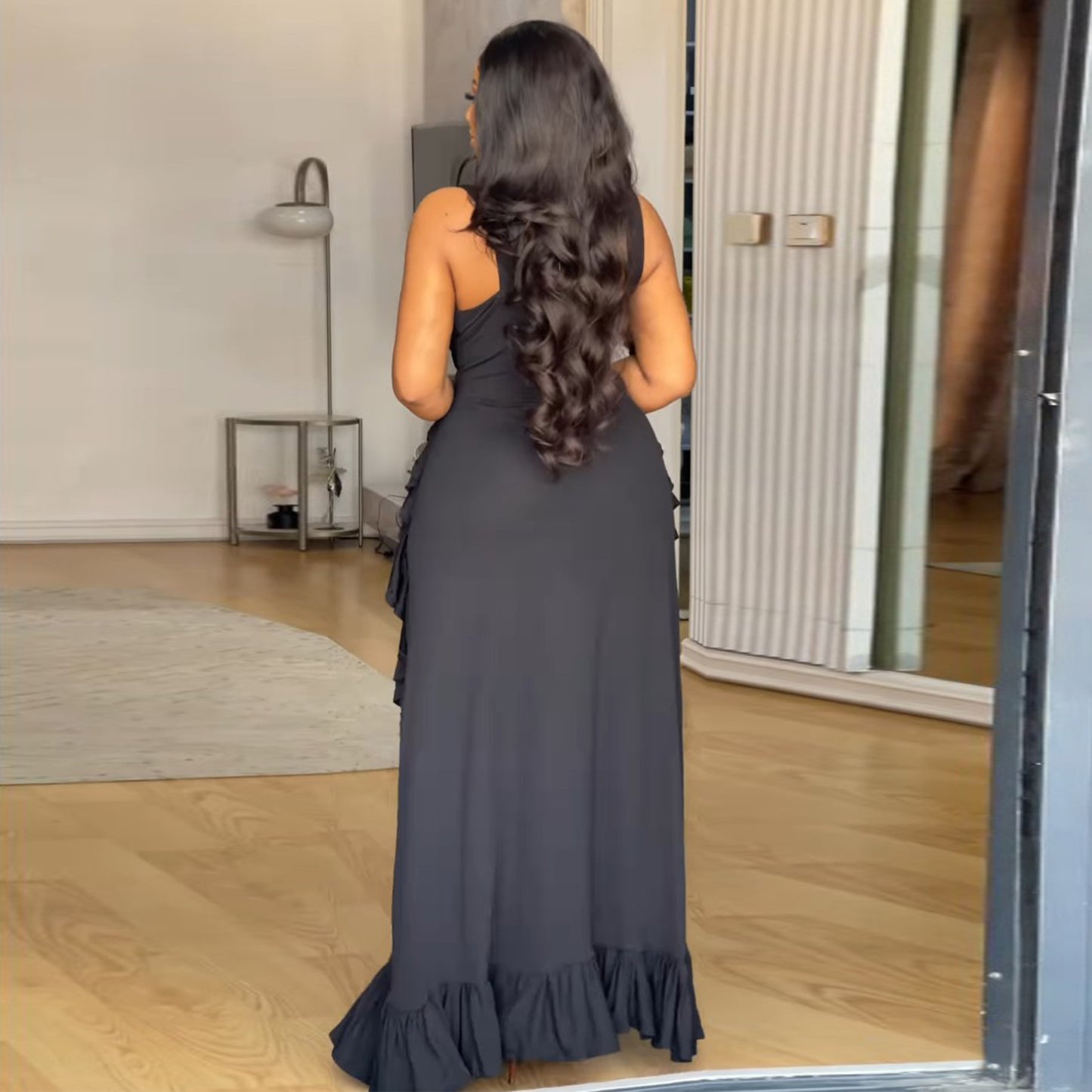 Sexy Cold Shoulder Elegant Ruffled High Waist Crop Top Spaghetti Strap European plus Size Dress