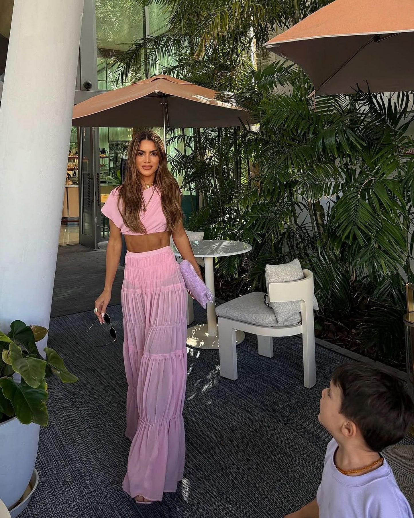 Round Neck Pleated Jacket Pink Patchwork Maxi Dress Two Piece Sets
