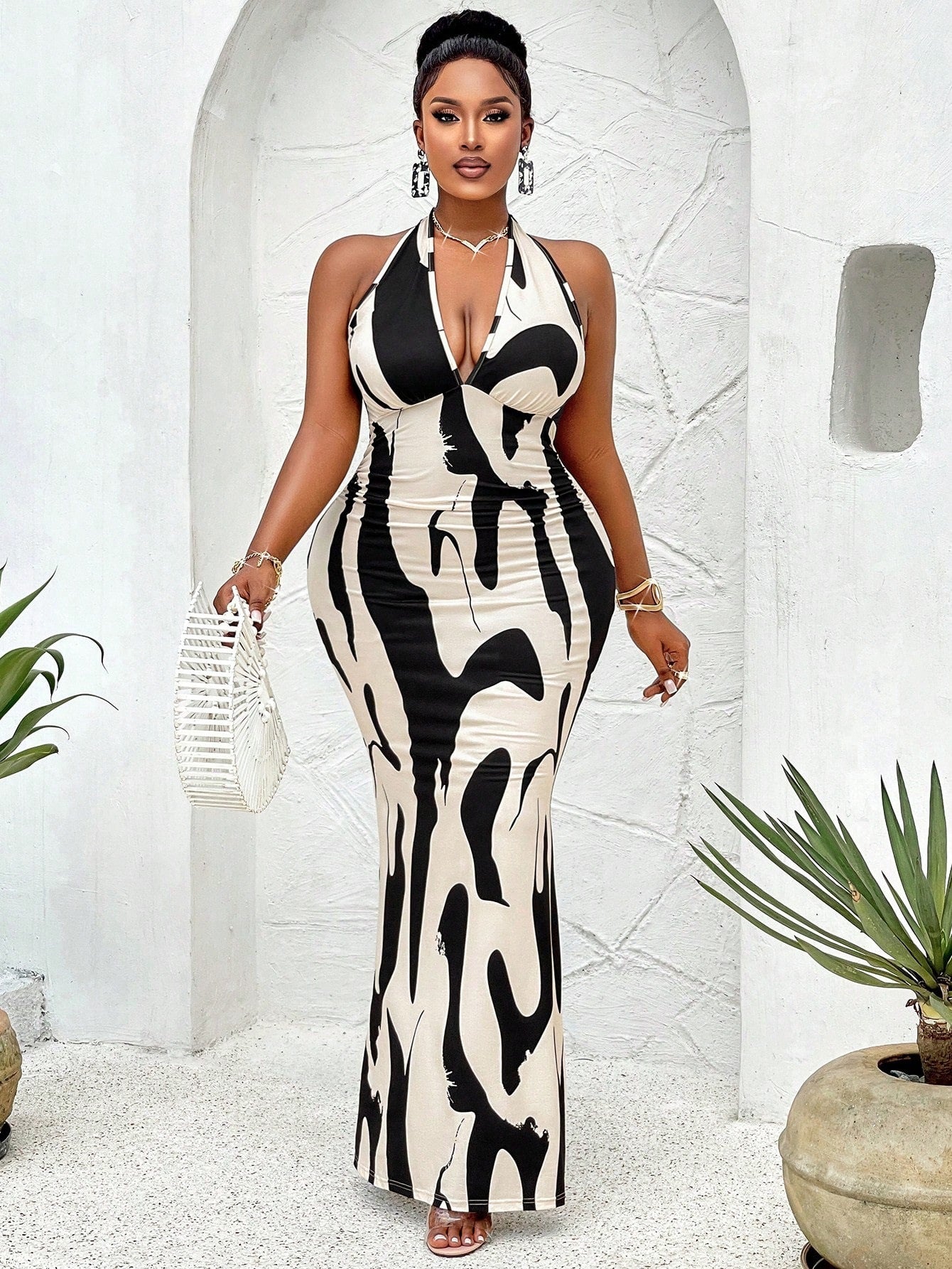 Plus Size Women Spring Summer Sexy Halter Cows Pattern Dress V neck Backless Dress