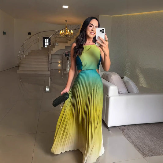 Elegant Halter Pleated Gradient Color Maxi Dress