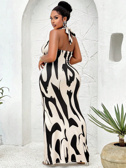 Plus Size Women Spring Summer Sexy Halter Cows Pattern Dress V neck Backless Dress