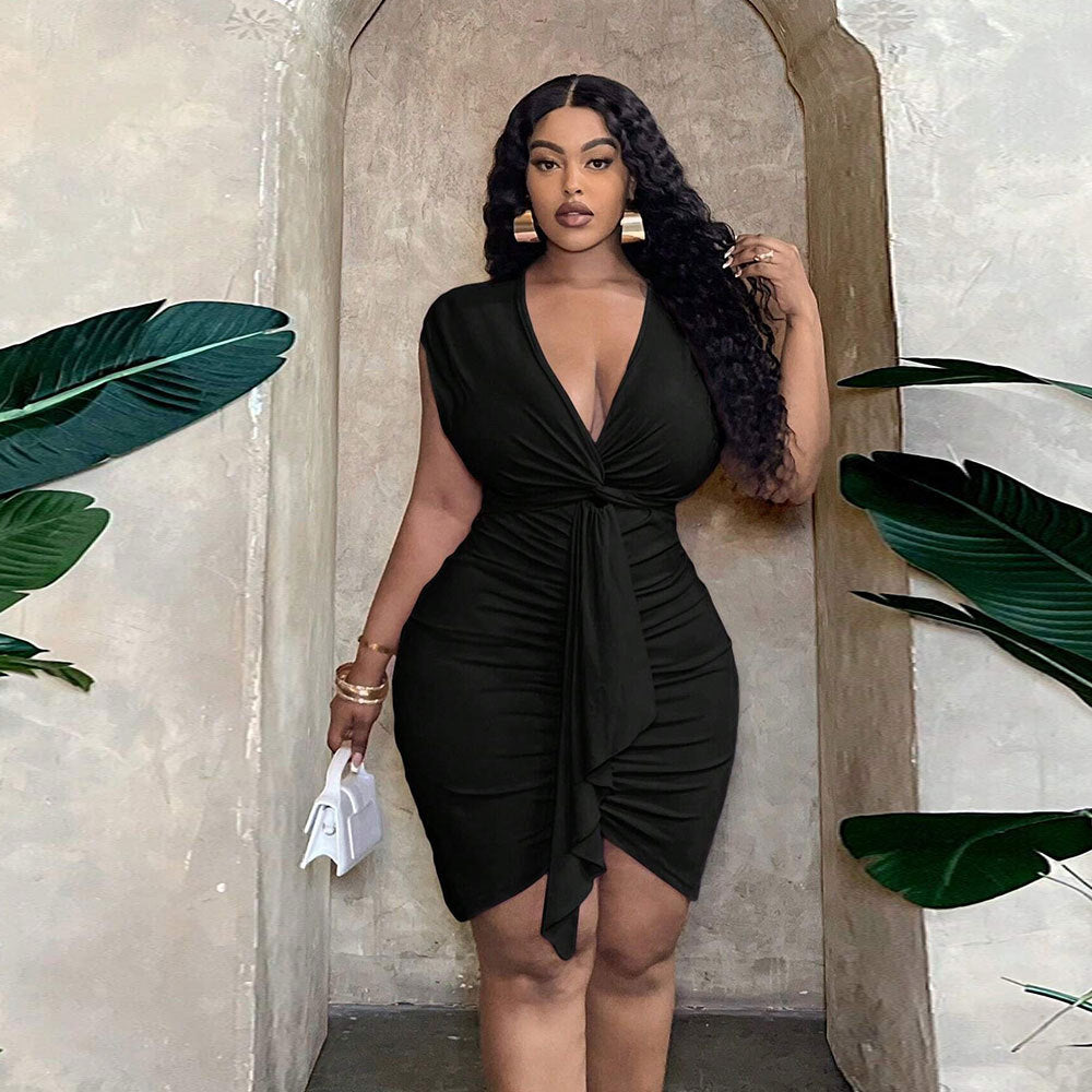 Plus Size Women Sexy Dress Summer V neck Tight Waist Ruffle Hip Short – Extremely Beautiful LLC Plus Size Women Sexy Dress Summer V neck Tight Waist Ruffle Hip Short – Extremely Beautiful LLC