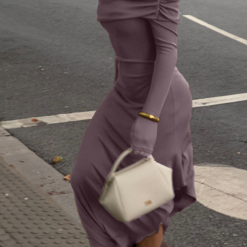 Off Shoulder Long Sleeve Slim Asymmetric Dress