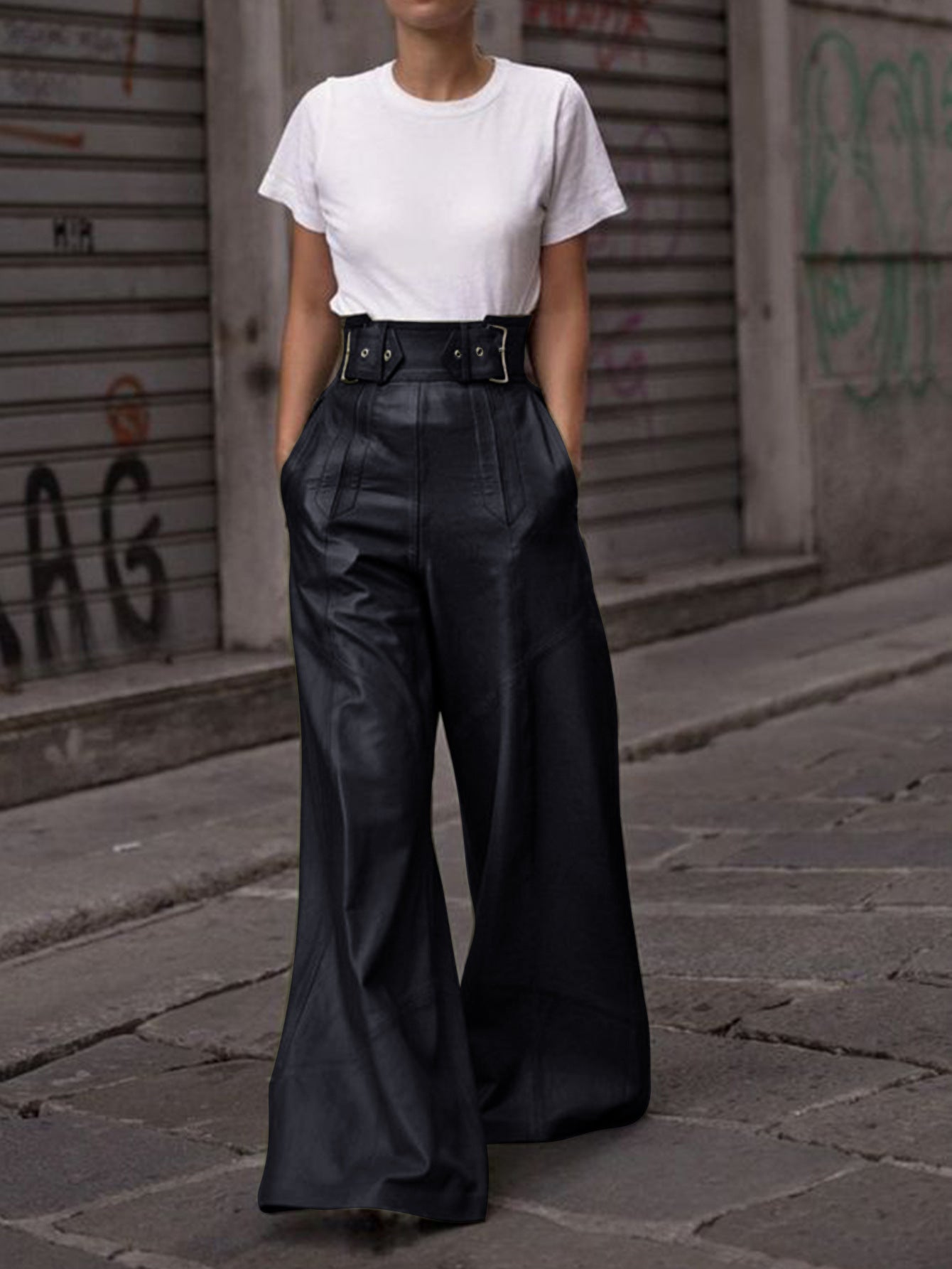 Leather Pants Women High Waist Loose Pockets Waist Faux Leather Bell Bottom Pants