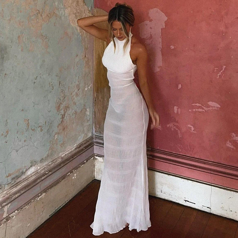 Sexy Halter Backless Pleated Ruffle Sleeveless Dress Women