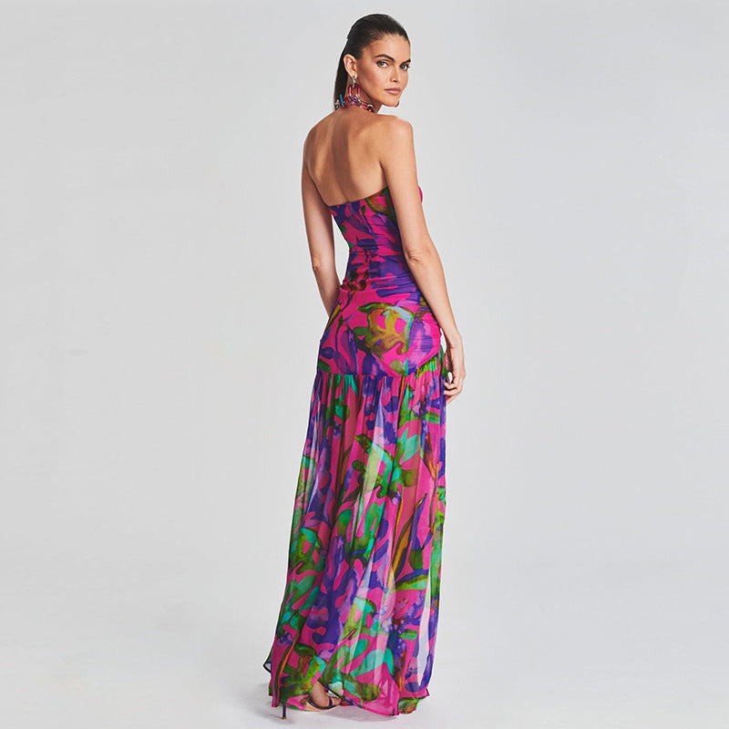 Summer Sexy Tube Top Backless Printed Dress Dress Split Vacation Dress