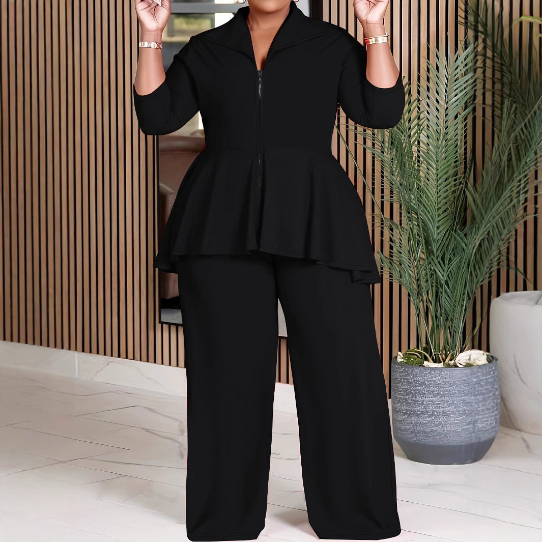 Plus Size Women Clothing Casual Irregular Asymmetric Hem Straight Leg Trousers Two Piece Set