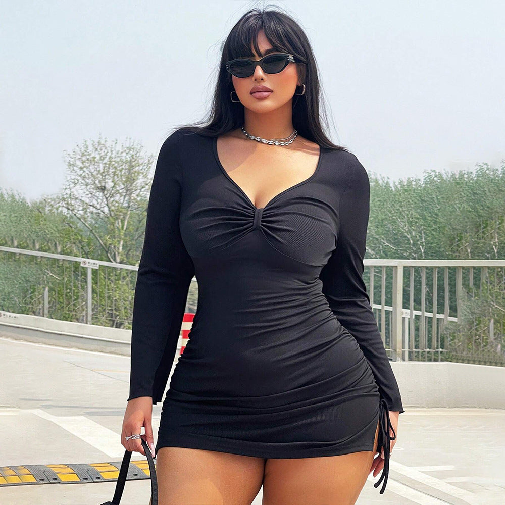 Plus Size V Neck Slim Fit Long Sleeve Mini Dress