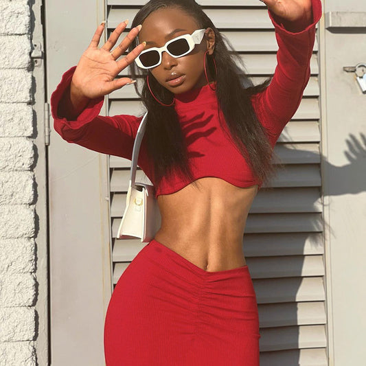 Fall Women's Long Sleeve Crop Top Low Waist Pleated Skirt Set