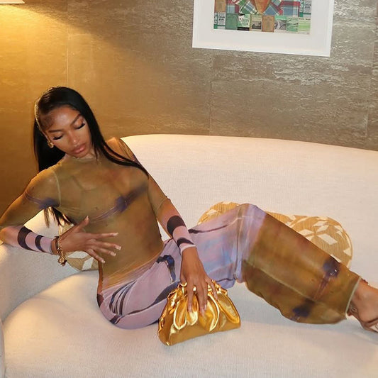 Stitching Printing Hip Retro Turtleneck Long Sleeve Slightly Transparent Maxi Dress