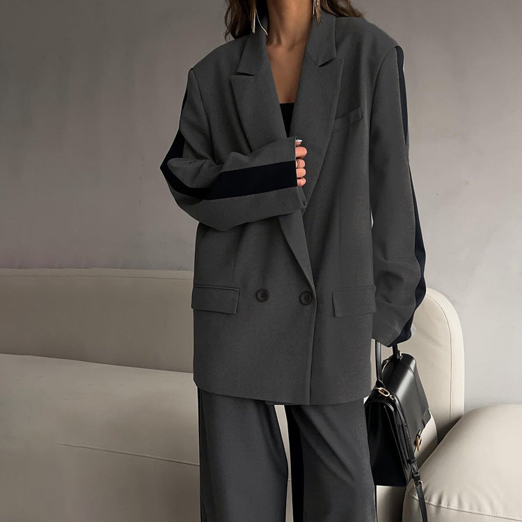 Loose Contrast Color Long Sleeves Turn down Collar Coat Wide Leg Pants Two Piece Set