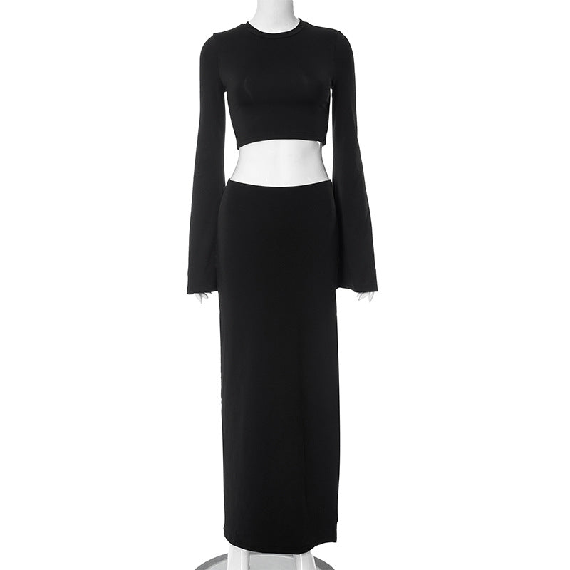 Women Clothing Autumn Winter Solid Color Short Top Split Skirt Set