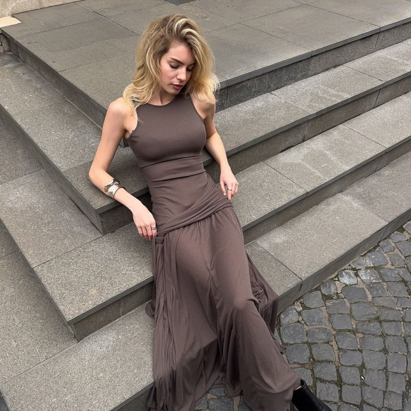 Spring Stitching Ribbon Ruffled Slim Street Midi Dress