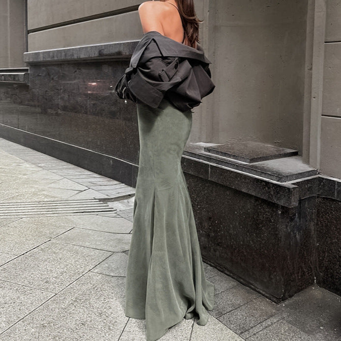 Silver Fox Velvet Green Slim High Waist Fishtail Skirt