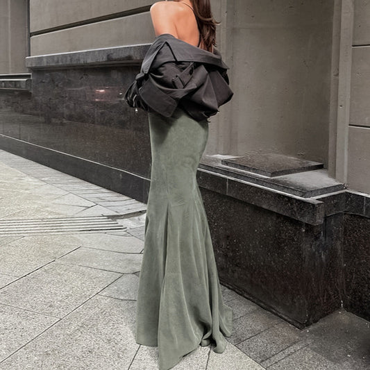 Silver Fox Velvet Green Slim High Waist Fishtail Skirt