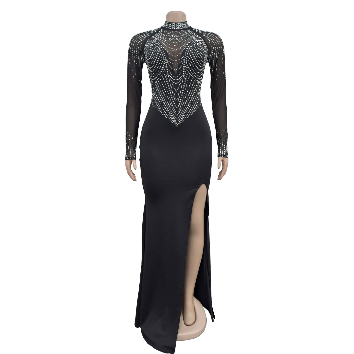 Rhinestone Bodycon Mesh Maxi Dress