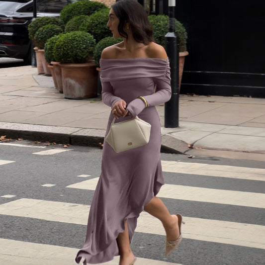 Off Shoulder Long Sleeve Slim Asymmetric Dress