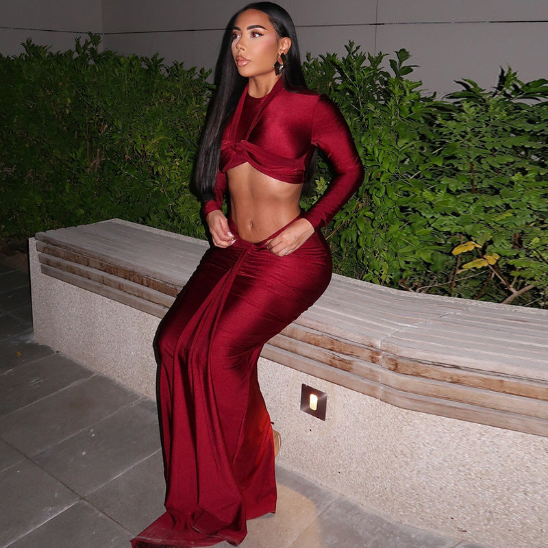 Sexy Long Sleeve Round Neck Crop Top Slim Fit Maxi Two Piece Skirt Set