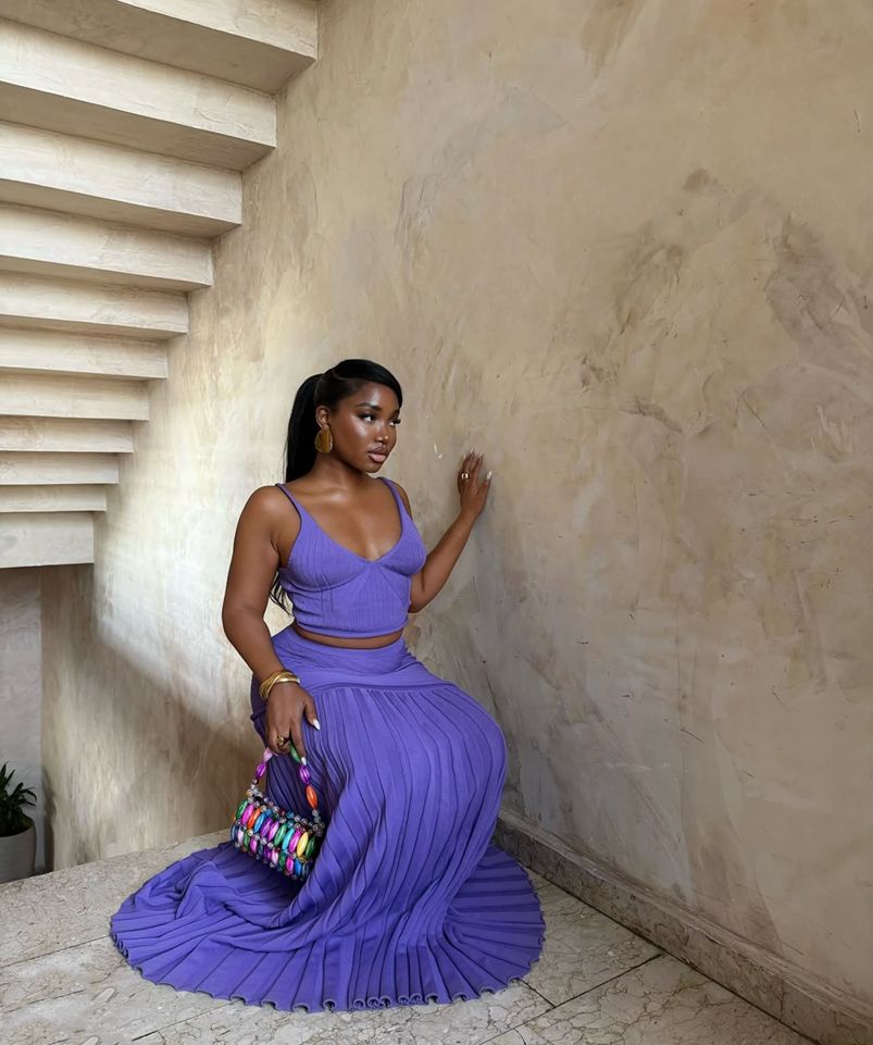 Spring Summer V neck Sling Vest Hip Pleated Long Skirt Wool Woven Two Piece Sets