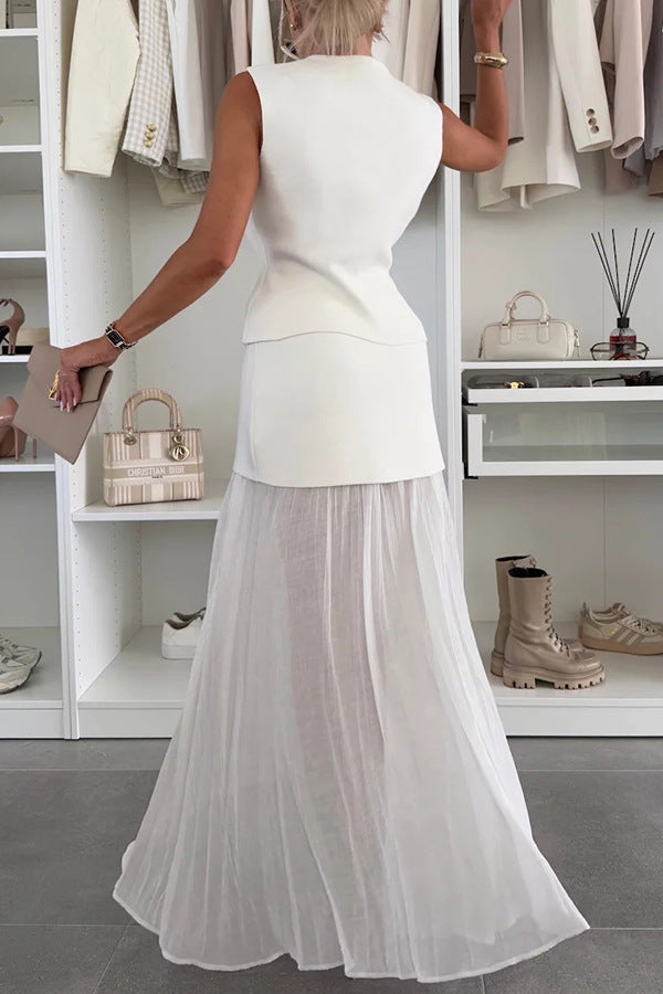 Sleeveless V-Neck Vest Set with Loose Tulle Skirt Set