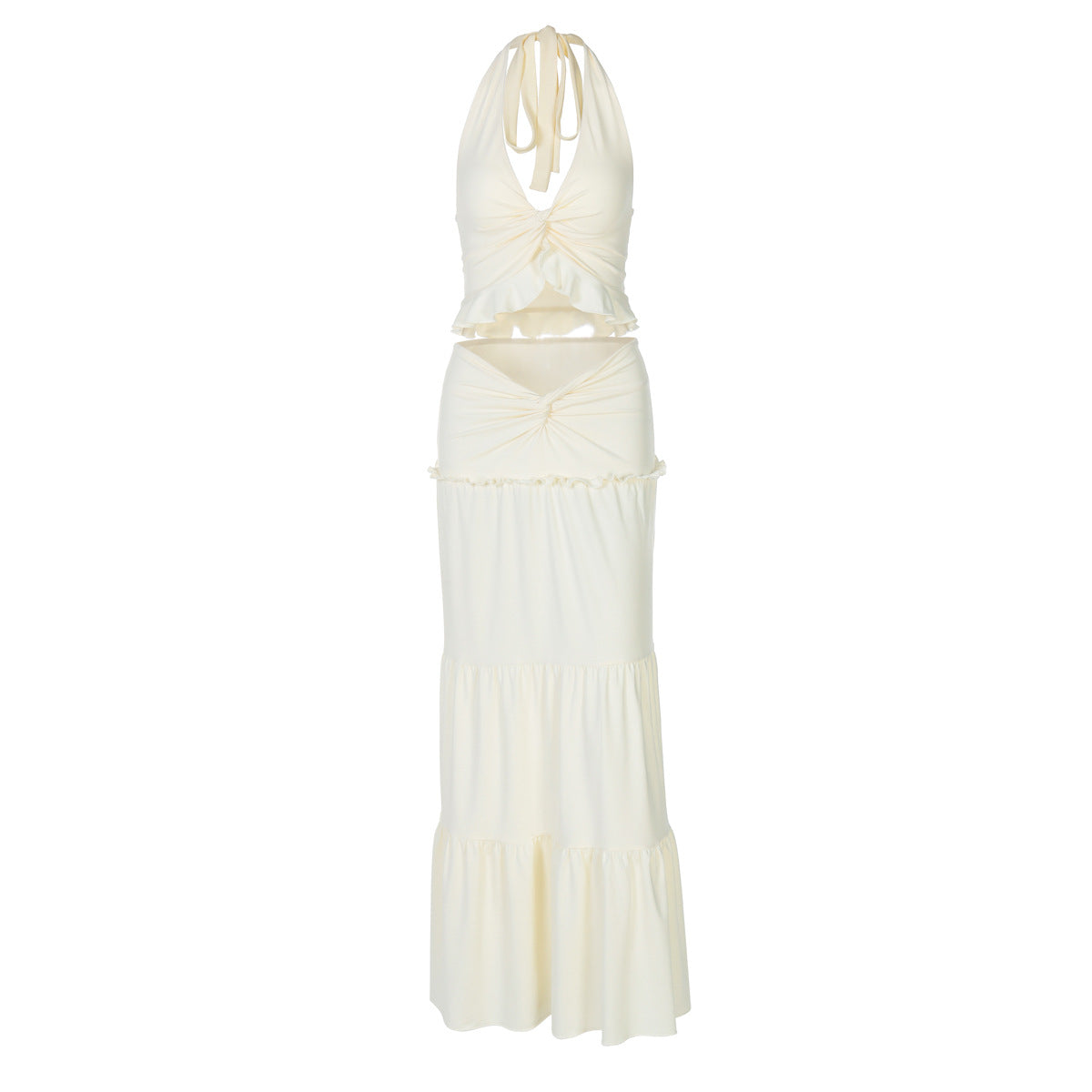 Sexy V Neck Ruffled Halter Spaghetti Straps Detail Twisted Skirt Set