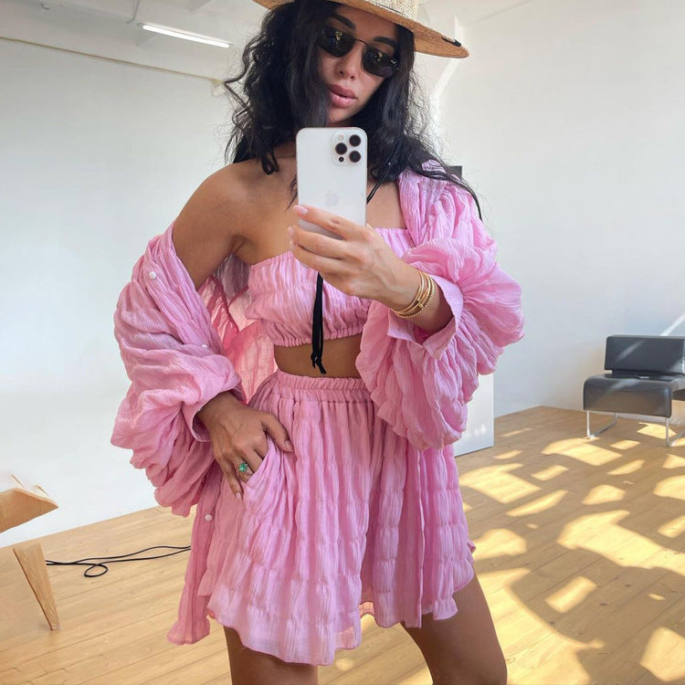 Long Sleeved White Loose Shirt with Tube Top and High Waist Three Piece Short Set