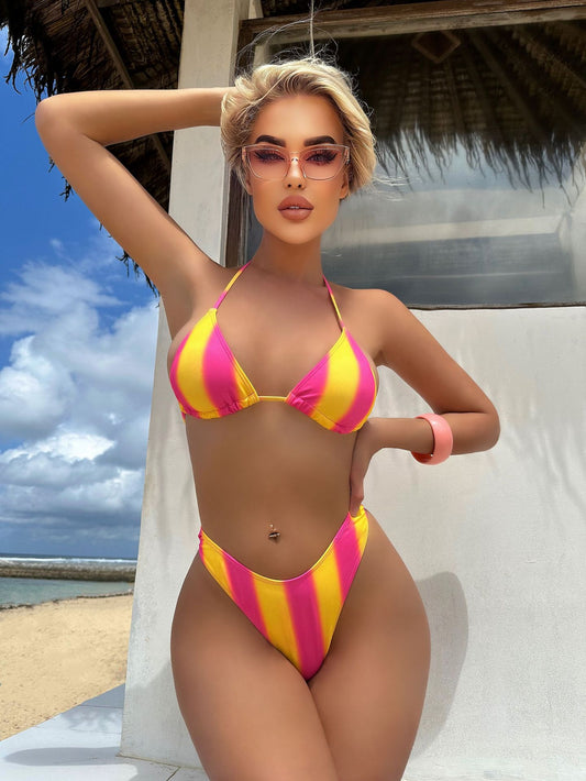 Striped Gradient Love Tulle Skirt Three Piece Swimsuit Bikini Sets