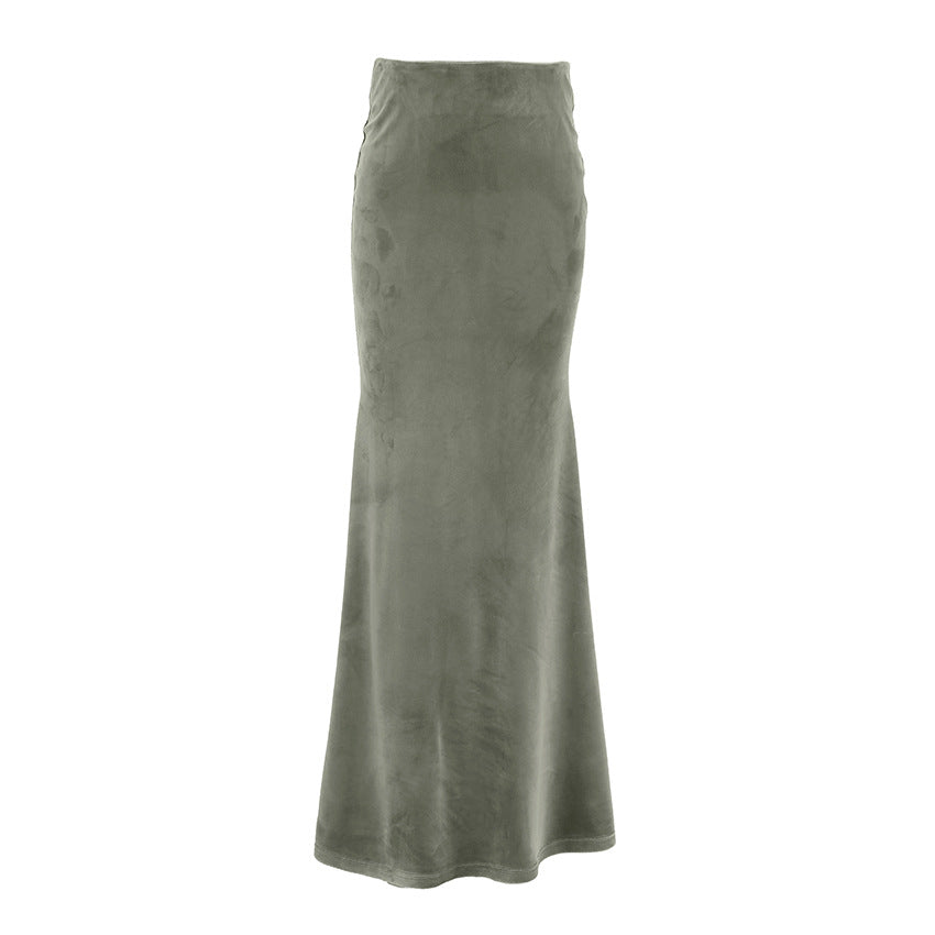 Silver Fox Velvet Green Slim High Waist Fishtail Skirt