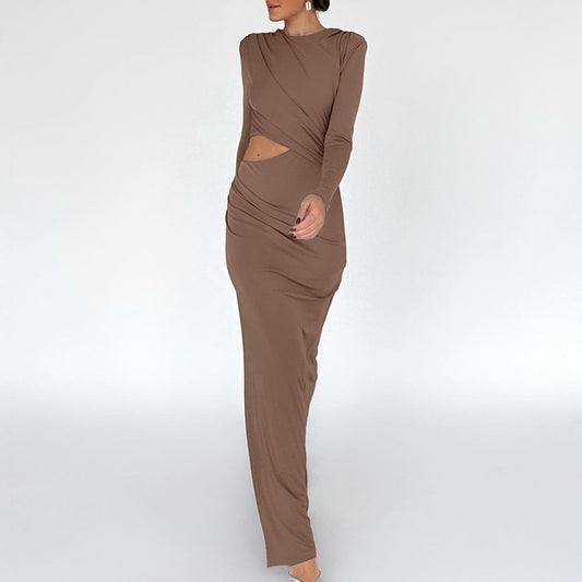 Slim Pleated Round Neck Long Sleeve Cutout Dress