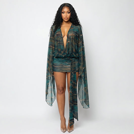 Women Clothing Summer Sexy Mesh Deep V Plunge neck Digital Printing Slim Mini Dress