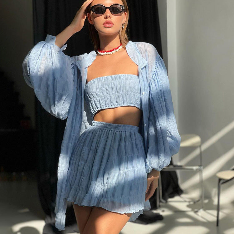 Long Sleeved White Loose Shirt with Tube Top and High Waist Three Piece Short Set