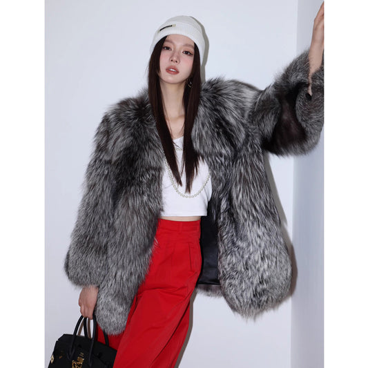 Women Silver Fox Fur Mid Length Coat