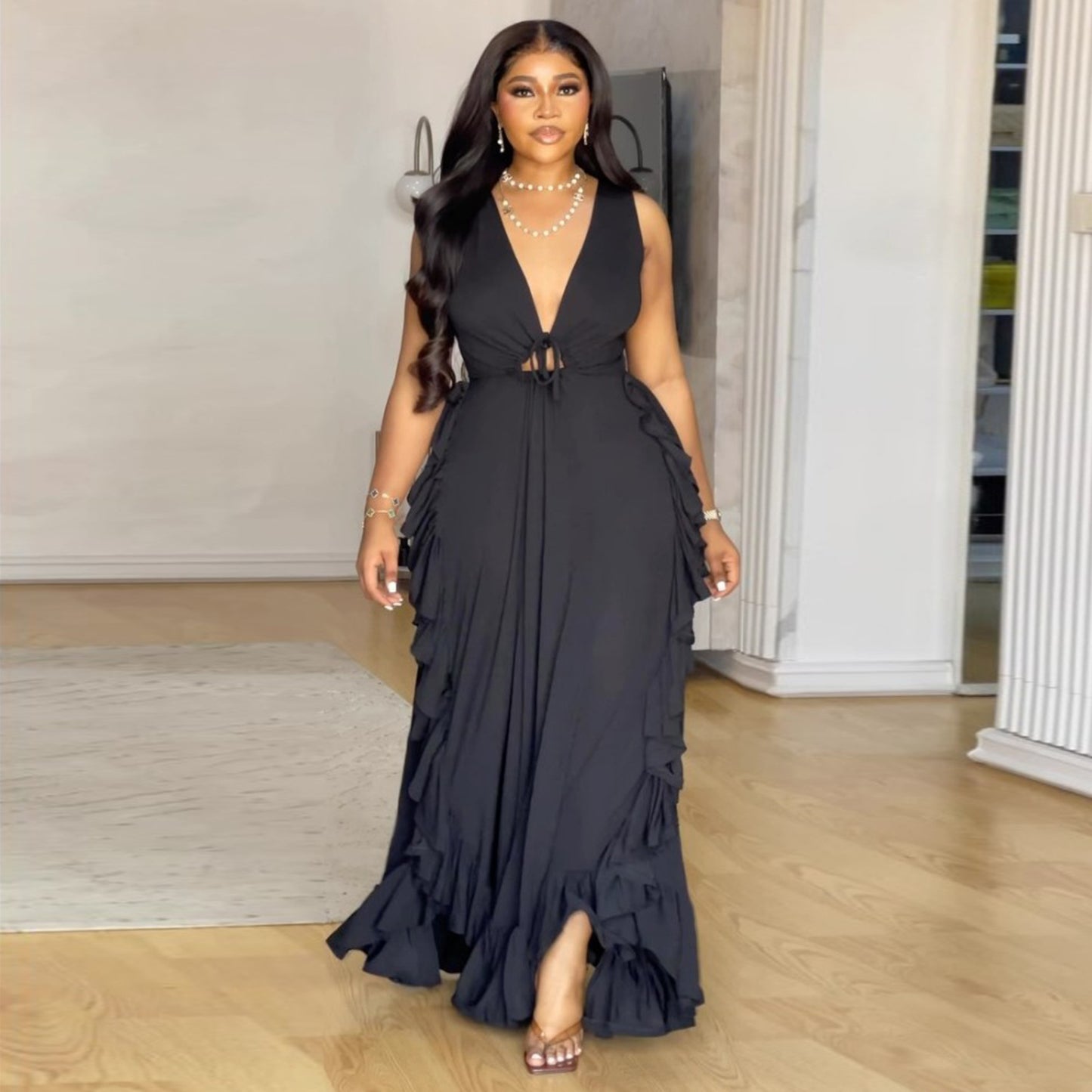 Sexy Cold Shoulder Elegant Ruffled High Waist Crop Top Spaghetti Strap European plus Size Dress