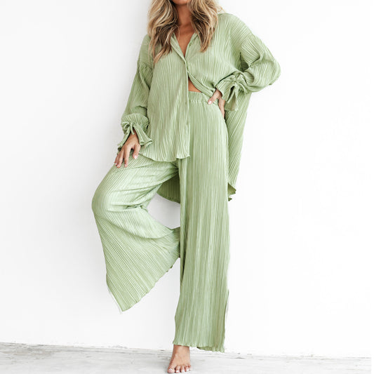 Women Clothing Spring Summer Suit Pleated Shirt Long Sleeve Collared Cardigan Split Pajamas Two Piece Suit