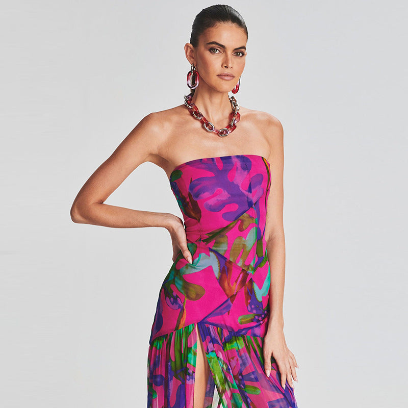 Summer Sexy Tube Top Backless Printed Dress Dress Split Vacation Dress