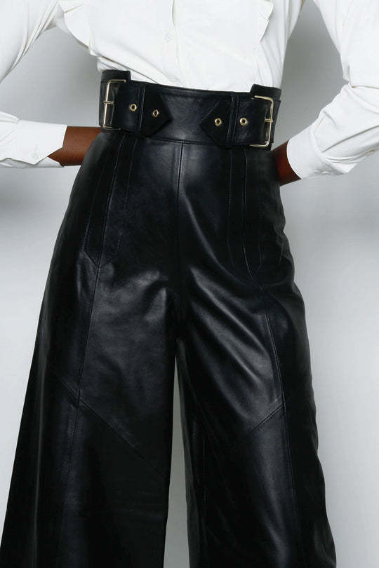 Leather Pants Women High Waist Loose Pockets Waist Faux Leather Bell Bottom Pants