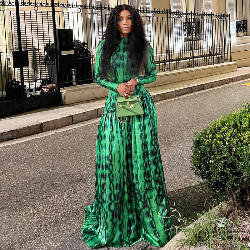 Retro Elegant Women Pleated Big Hem A line Dress Turtleneck Long Sleeve Printed Waist Controlled Dress