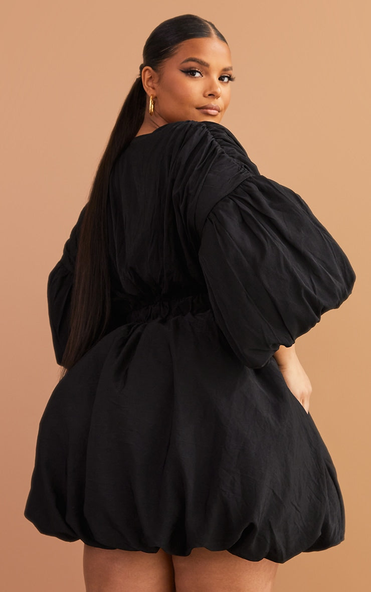 Plus Black Puff Sleeve Puffball Hem Dress