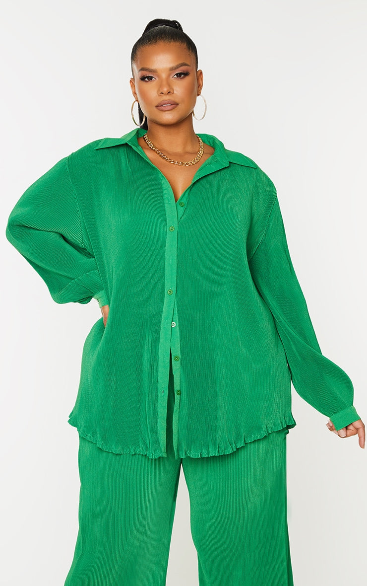 Plus Chocolate Plisse Button Front Oversized Shirt