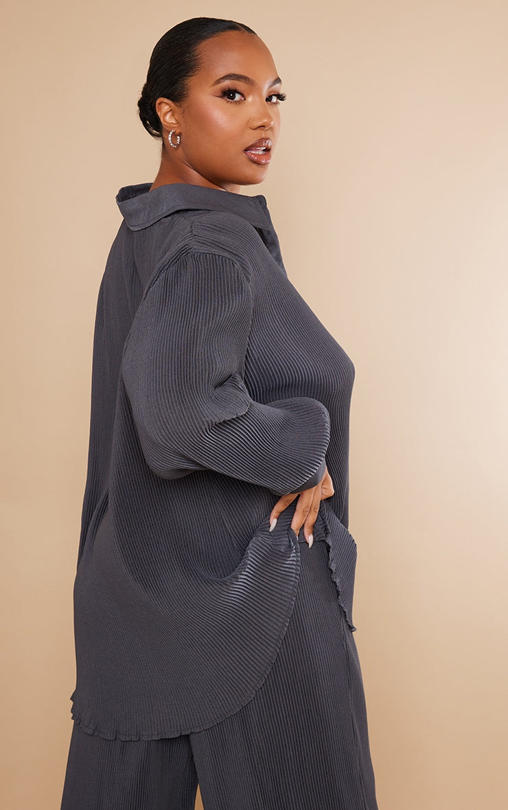 Plus Chocolate Plisse Button Front Oversized Shirt