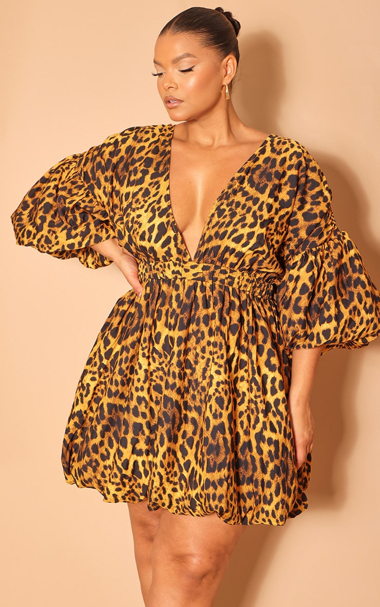 Plus Black Puff Sleeve Puffball Hem Dress