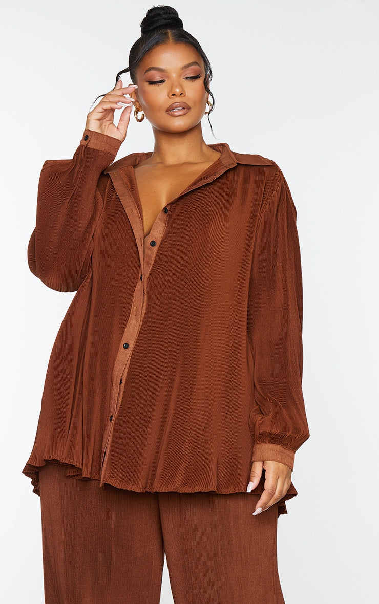 Plus Chocolate Plisse Button Front Oversized Shirt
