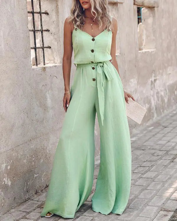 Buttoned Sleeveless Tied Detail Jumpsuit