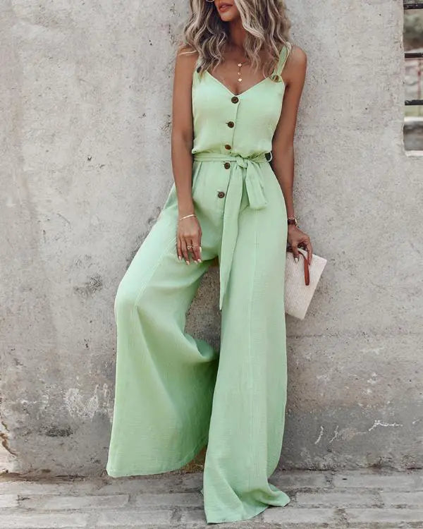 Buttoned Sleeveless Tied Detail Jumpsuit